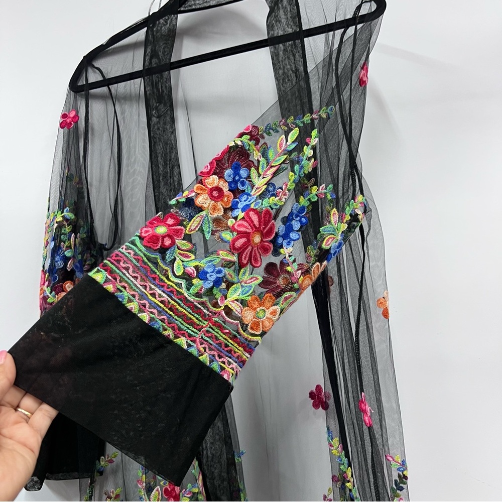 Floral Embroidered Sheer Kimono swim coverup mesh - Picture 2 of 14